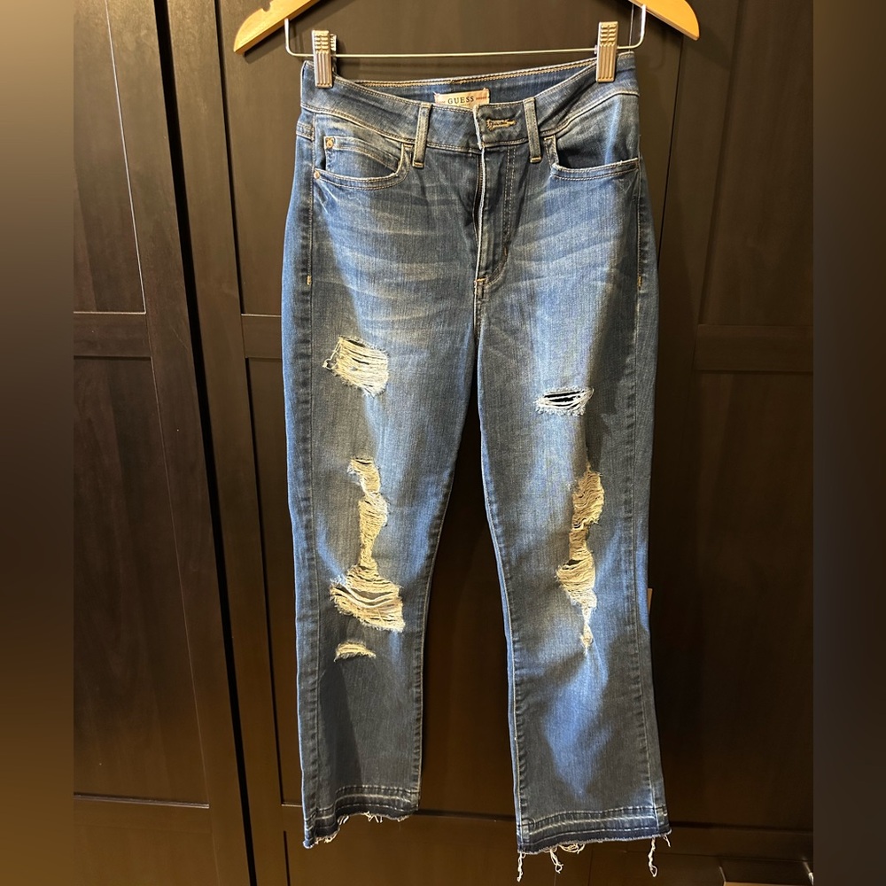 GUESS Distressed Frayed Hem Flare Jeans - Size 27